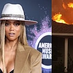 Tyra Banks (left) LA fire burning house down (right)