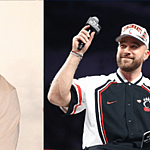 Side by side collage of Travis Kelce smiling while holding a microphone and Jalen Hurts posing on the red carpet.