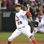 St. Louis Cardinals Octavio Dotel (28) pitches in relief in the seventh inning against the Texas Rangers in game 7 of the World Series at Busch Stadium on October 28, 2011 in St. Louis.