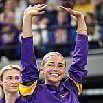 February 28, 2025: LSU's Aleah Finnegan competes on the balance beam during the Purple and Gold Podium Challenge woman's gymnastics LSU vs George Washington at the Raising Canes River Center in Baton Rouge, LA. Jonathan Mailhes/CSM. 28 Feb 2025 Pictured: February 28, 2025: LSU's Olivia Dunne is introduced to the audience prior to the Purple and Gold Podium Challenge woman's gymnastics LSU vs George Washington at the Raising Canes River Center in Baton Rouge, LA. Jonathan Mailhes/CSM. Photo credit: ZUMAPRESS.com / MEGA TheMegaAgency.com sales@mega.global (Mega Agency TagID: MEGA1276490_006.jpg) [Photo via Mega Agency]