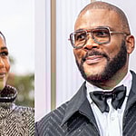 A photo collage of Prince Harry with Meghan Markle and Tyler Perry