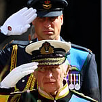 A photo collage of Prince William with King Charles and Prince Harry