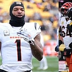 Photo collage of Ja'Marr Chase and Jalen Ramsey fighting.