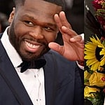 Photo collage of 50 Cent and the floral arrangement he claims Diddy sent to him.