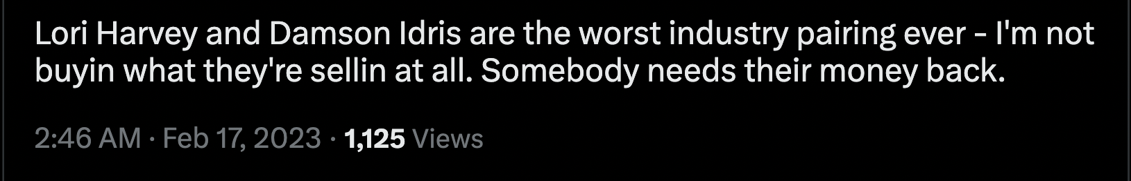 Tweet criticizing Lori Harvey and Damson Idris's pairing, posted February 17, 2023