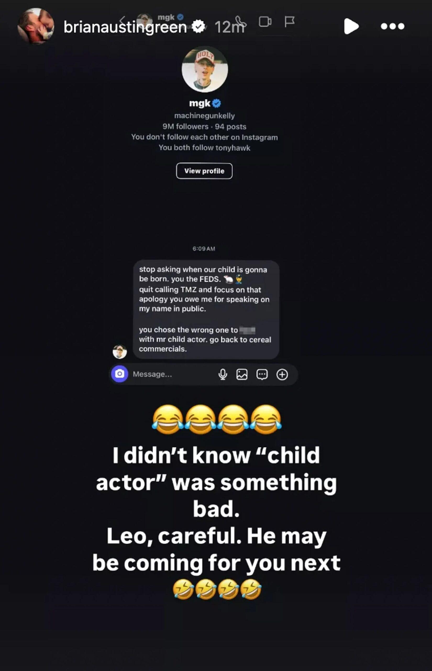 Screenshot of MGK's message to Brian Austin Green