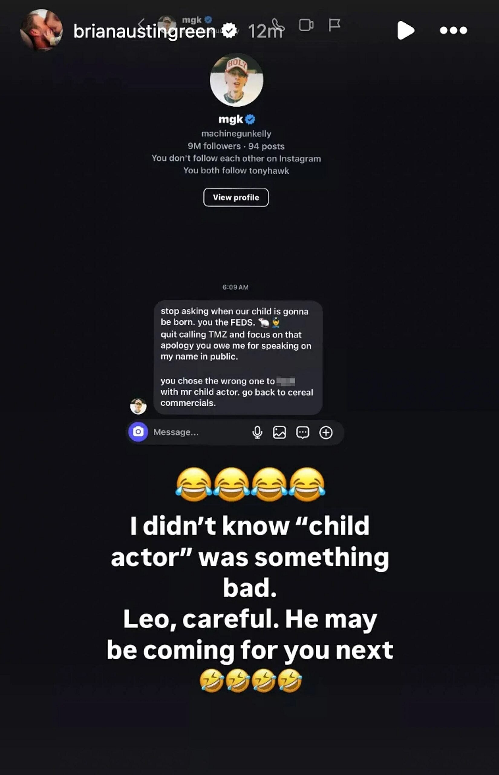 Screenshot of MGK's message to Brian Austin Green