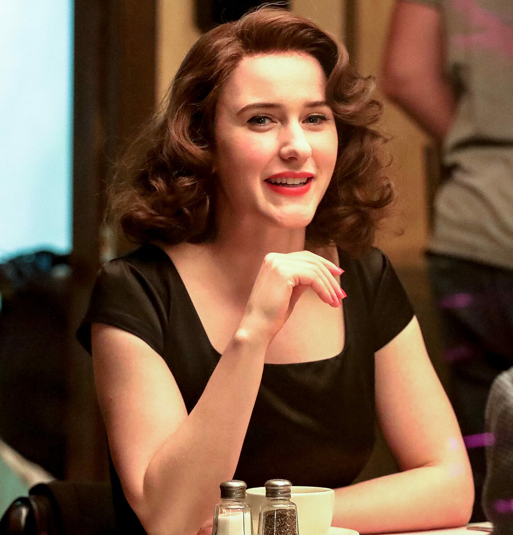 Rachel Brosnahan and Reid Scott are seen on the film set of 'The Marvelous Mrs. Maisel' TV Series in New York City.