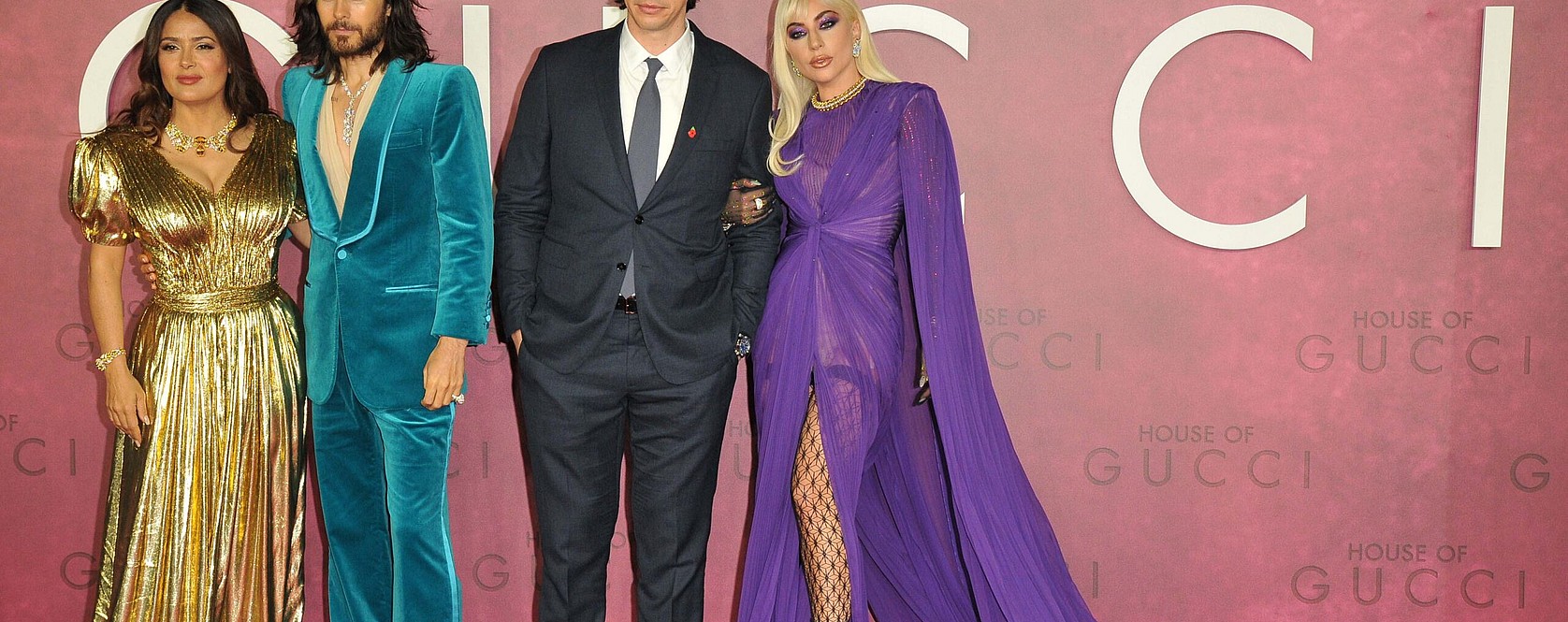 Salma Hayek, Jared Leto, Adam Driver and Lady Gaga (Stefani Germanotta) at the "House of Gucci" UK film premiere, Odeon Luxe Leicester Square, Leicester Square, on Tuesday 09 November 2021 in London, England, UK.