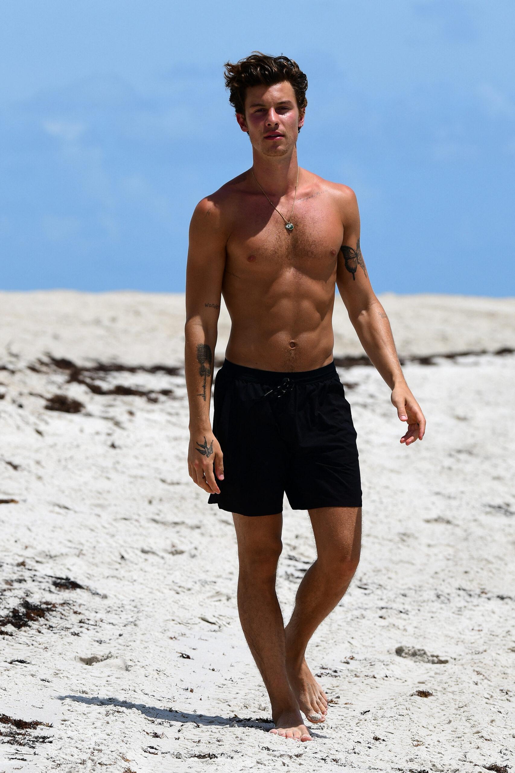 Shawn Mendes jogging shirtless on a beach