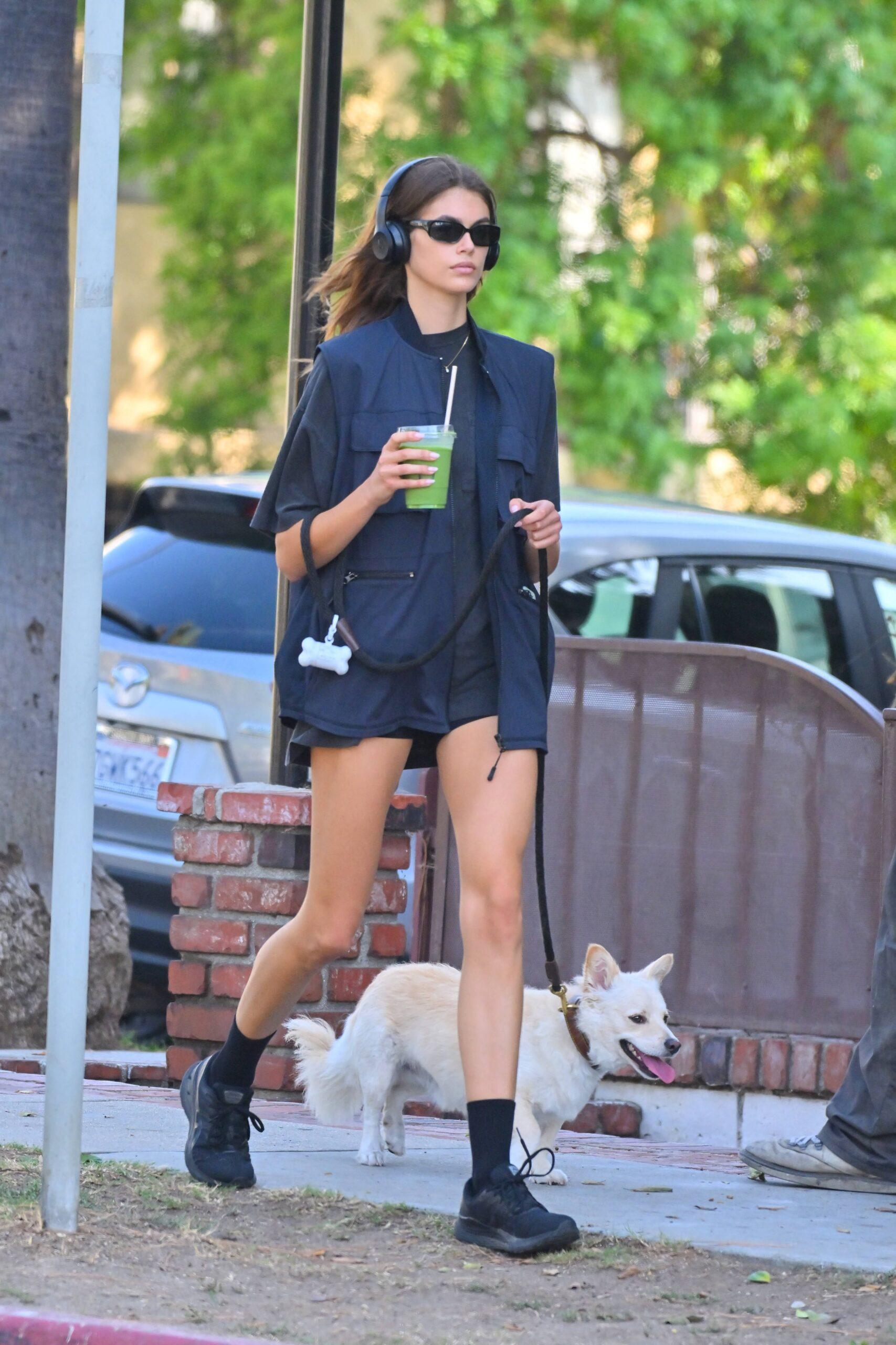 Kaia Gerber stops by a cafe for an iced Matcha while out with her dog