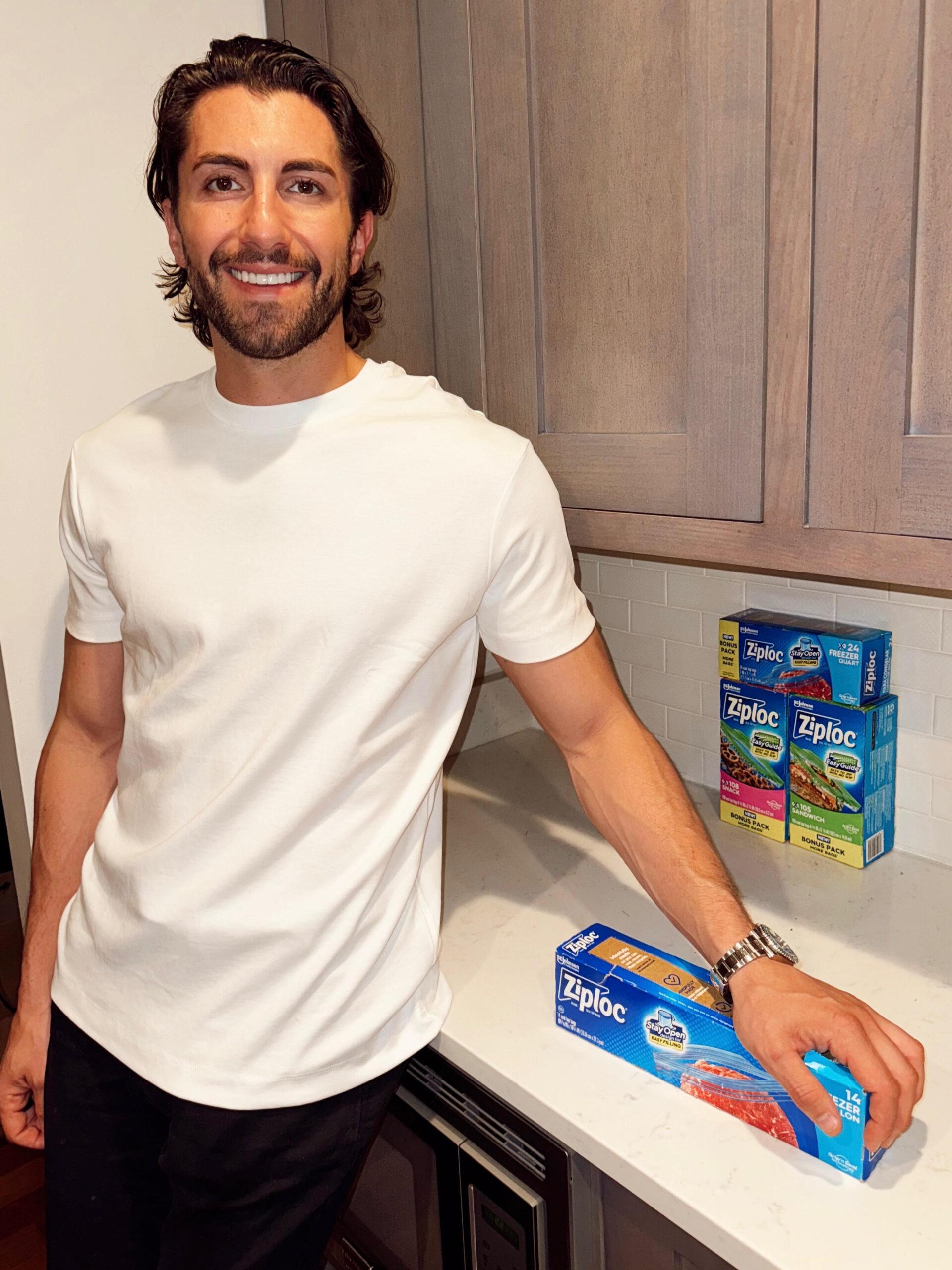 Jason Tartick poses with Ziplock bags