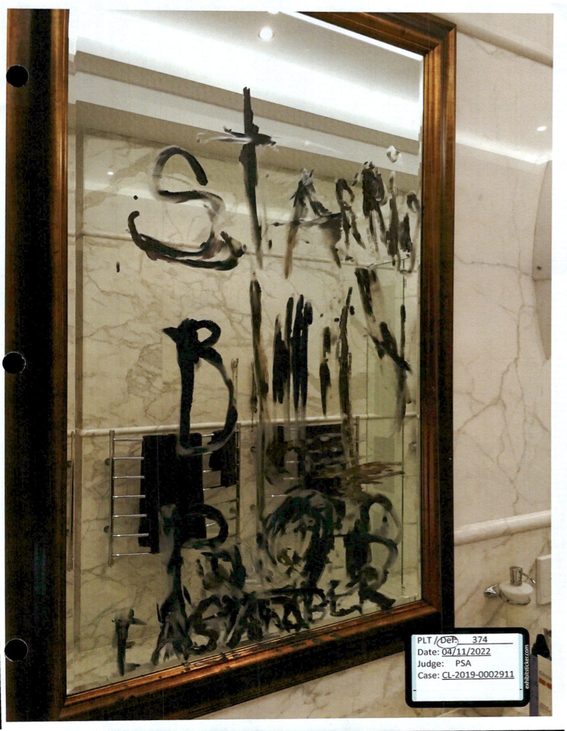 Messages written on mirror by Johnny Depp with his own blood shown in court in Amber Heard defamation trial