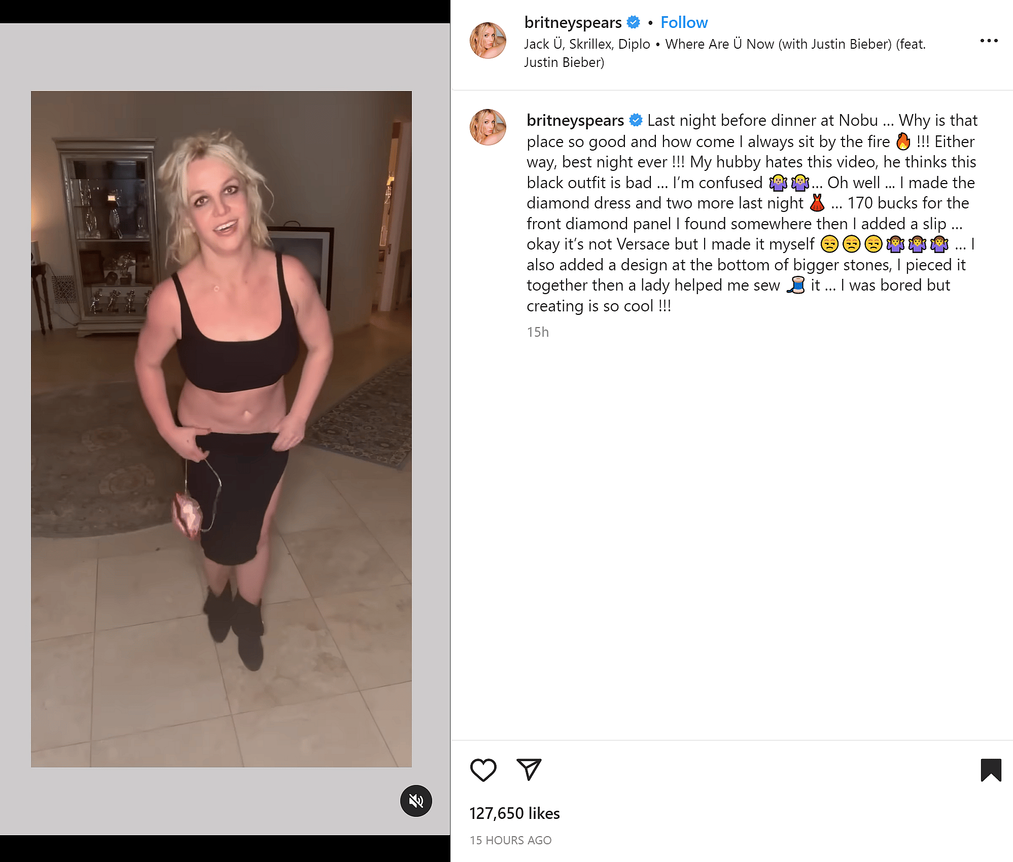 Britney Spears posts same video with a different caption about her dinner at Nobu on February 18