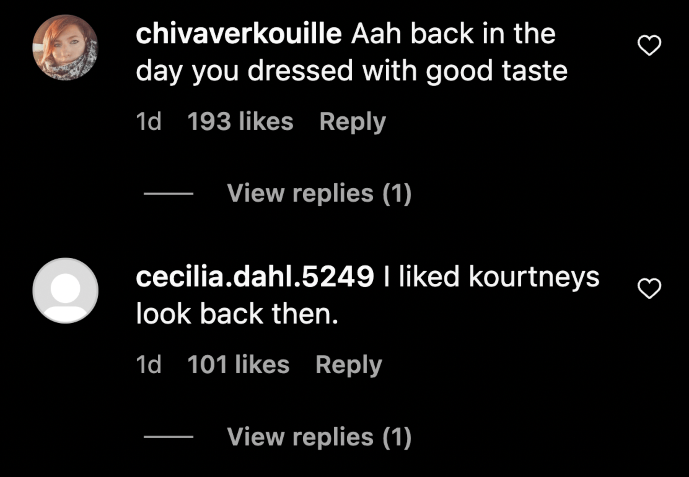 Instagram comments discussing Kourtney Kardashian's past fashion style from 2019 throwback photos