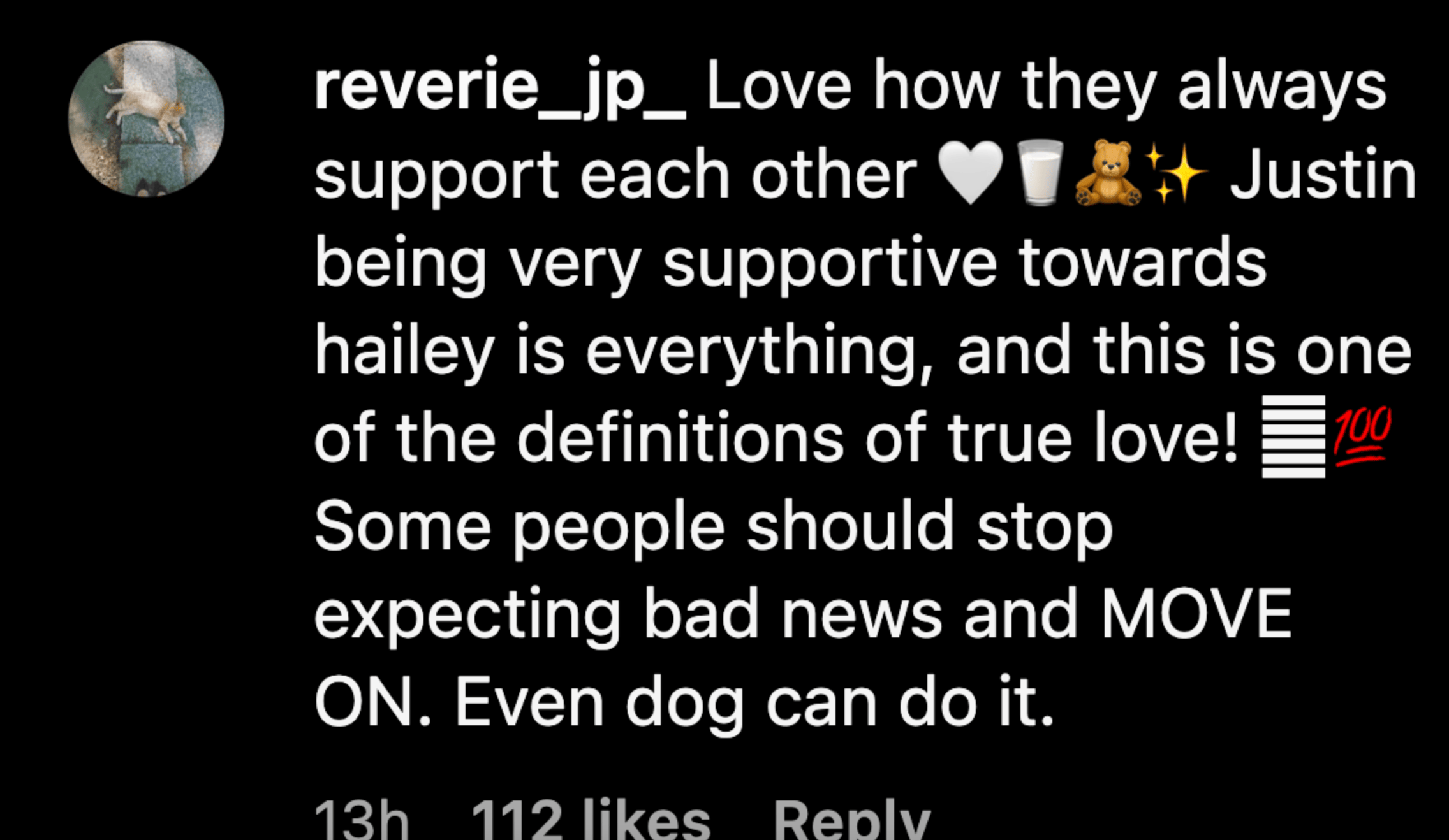 Instagram comment praising Justin Bieber's support for Hailey's skincare brand