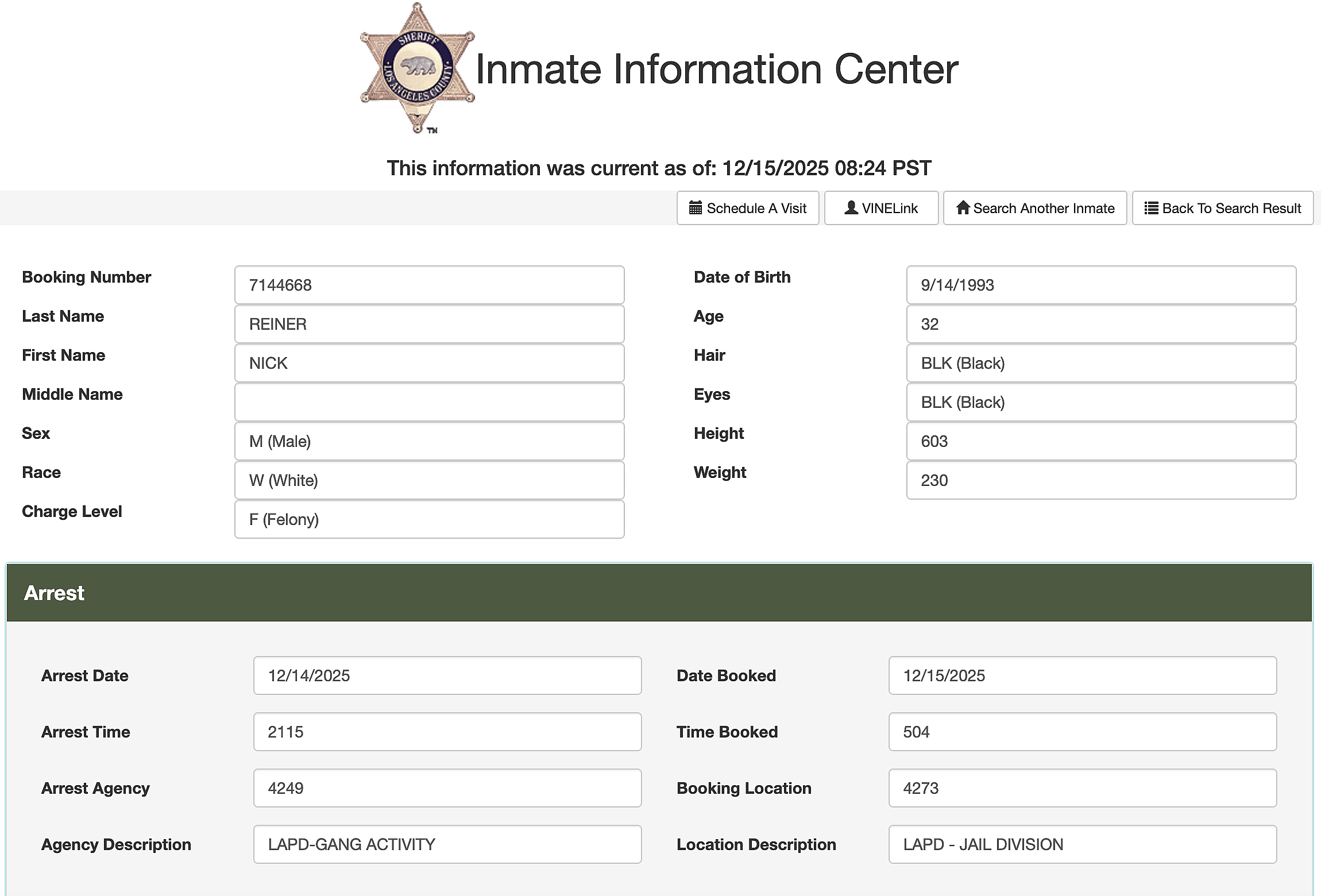 Nick Reiner's arrest booking details