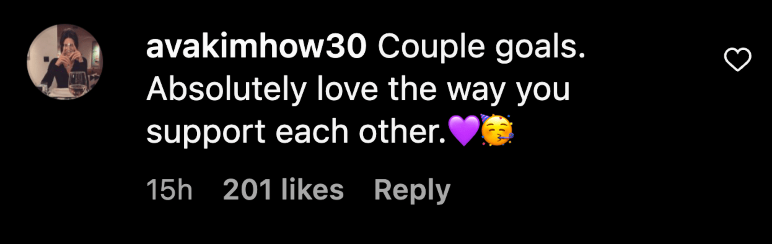 Instagram comment praising couple's mutual support with purple heart and kiss emojis