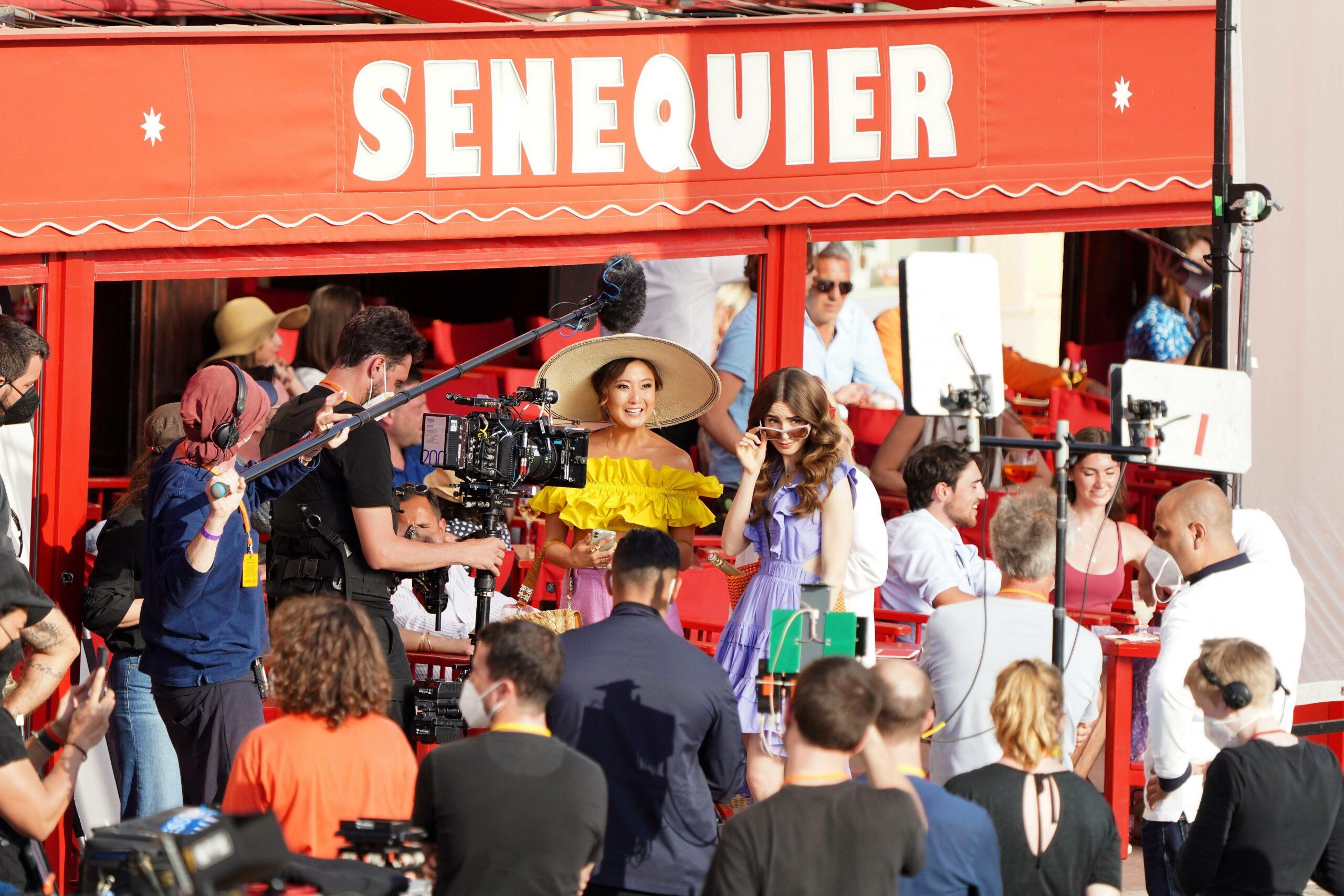 Lily Collins Ashley Park and Camille Razat filming series 2 of Emily In Paris in St-Tropez