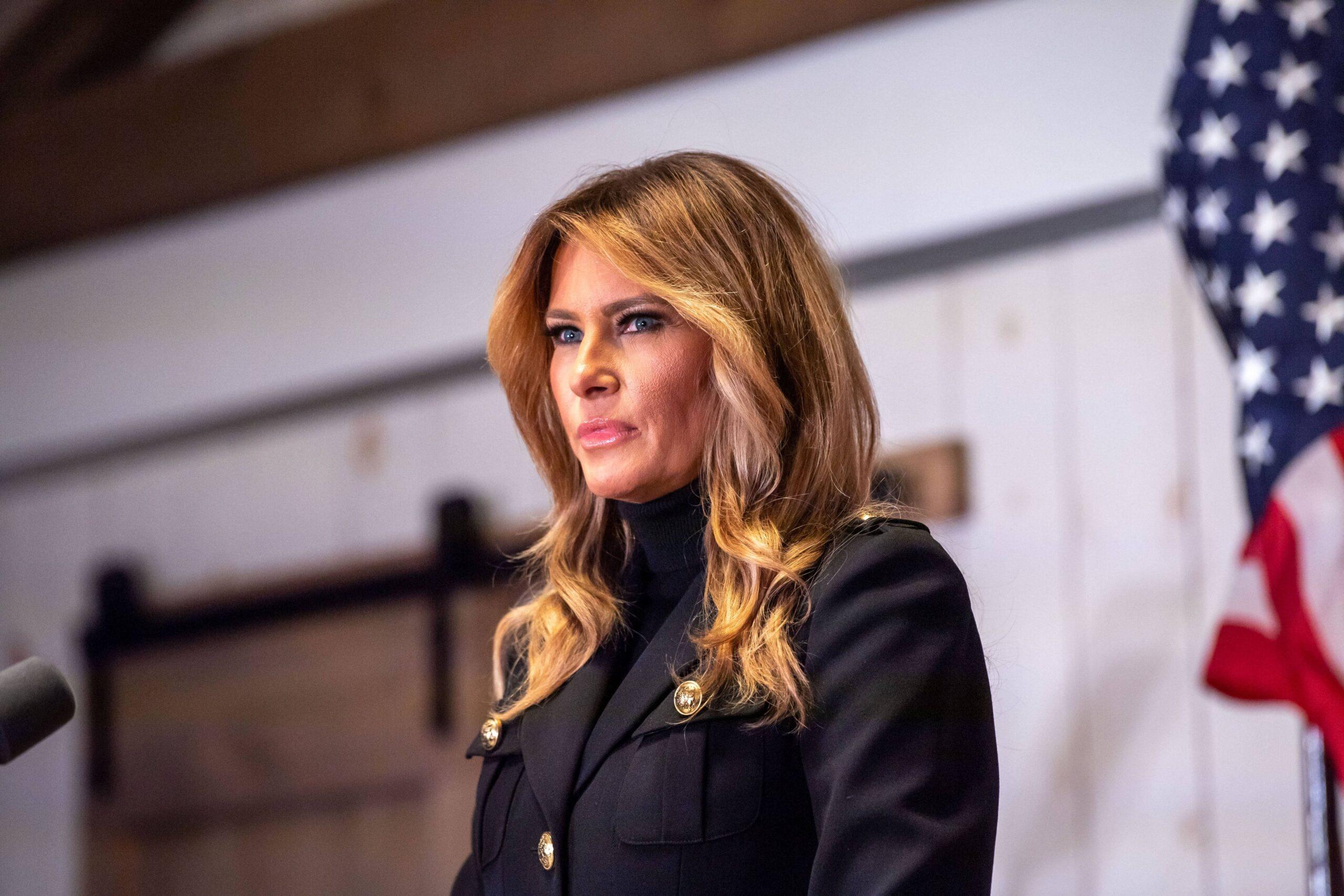 Melania Trump speaks to Donald Trump's supporters at a "Make America Great Again" campaign rally event on October 31, 2020 in Wapwallopen, PA.