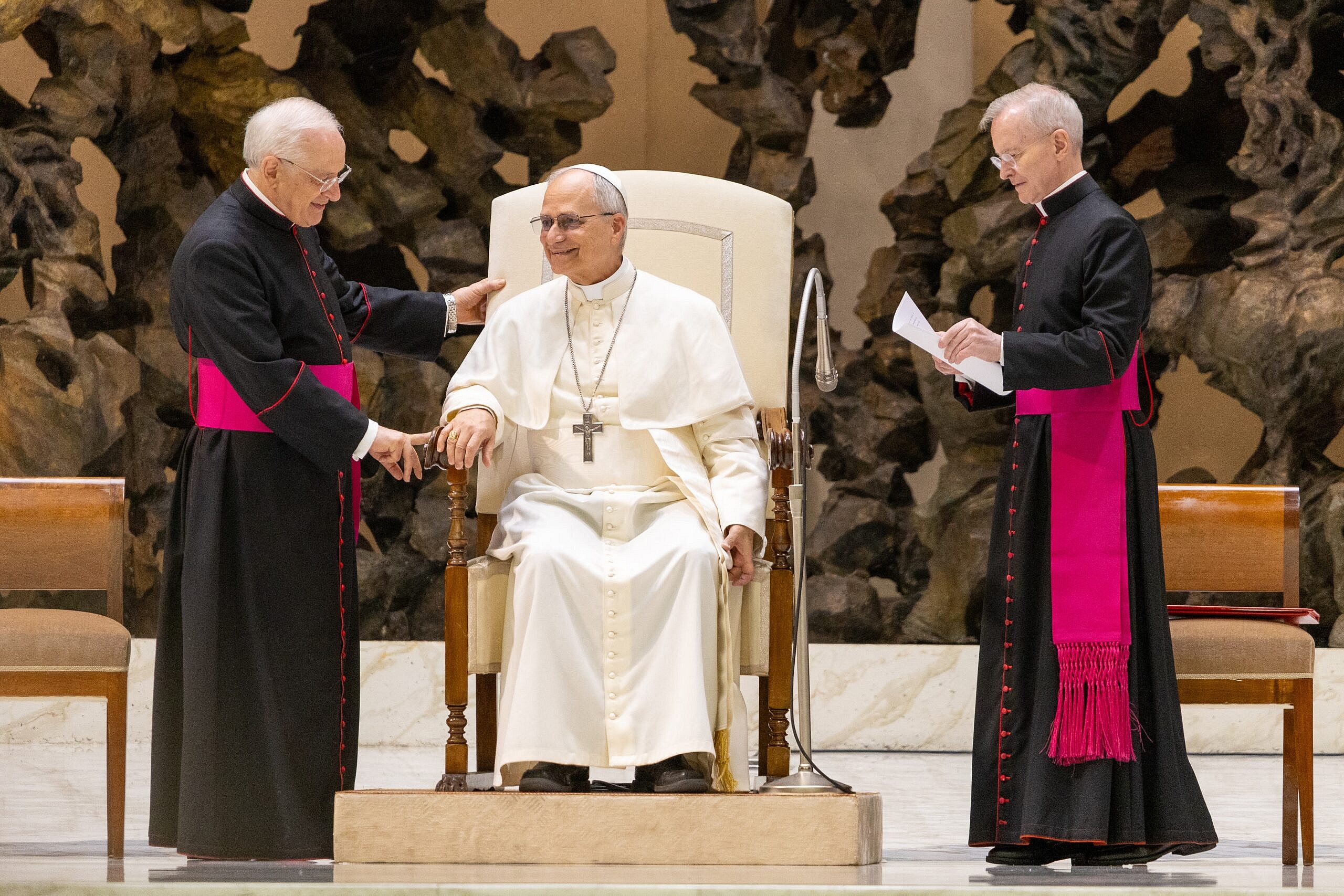 Pope Leo XIV greets representatives of the media