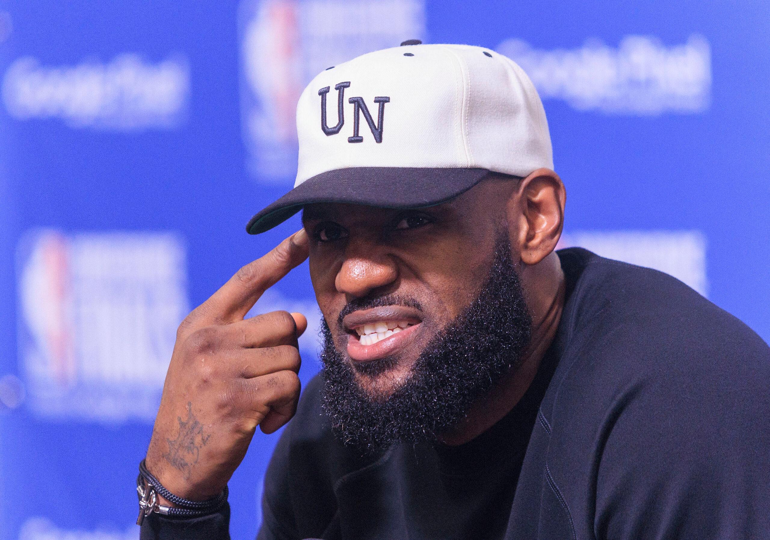 LeBron James during a press conference after losing Game Four of the Western Conference Finals