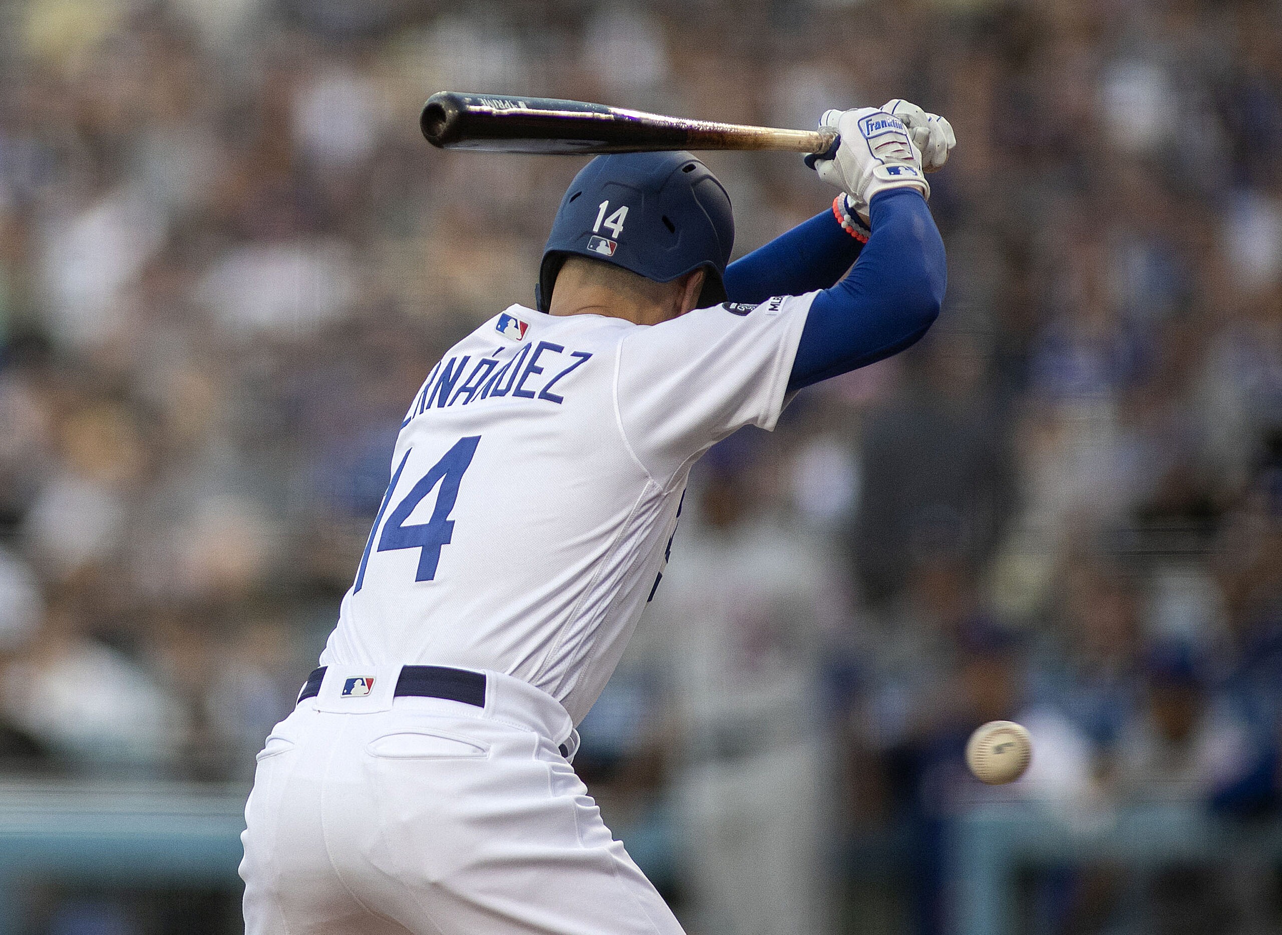 Kike Hernandez at bat in a Dodgets uniform. 