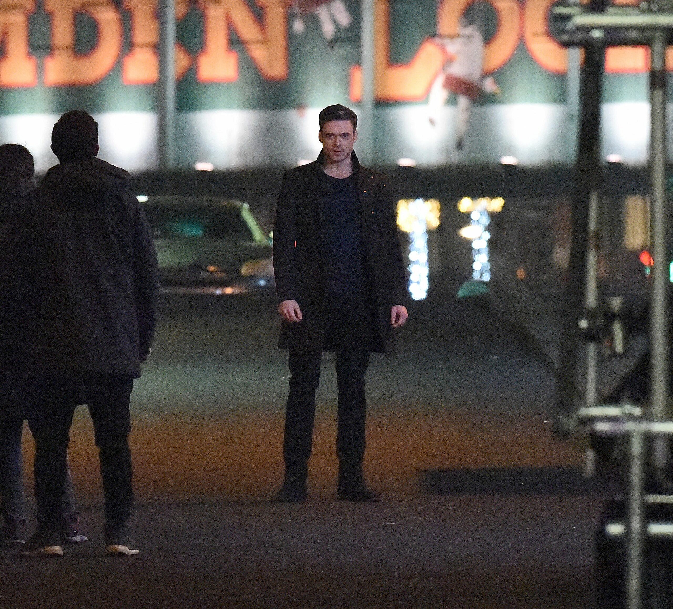 Kit Harington Gemma Chan and Richard Madden are seen on set together during filming night scenes for the latest Marvel film The Eternals The trio filmed scenes below the iconic Camden railway bridge