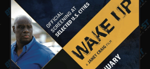 Movie poster for "Wake Up" showing a man in a blue shirt with text indicating it's an official