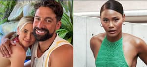 Danielle Maltby with a man in a tropical setting; Sierra Jackson in a green halter top