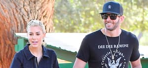 Heather Rae Young and Tarek El Moussa stroll through the Kindred Spirits Care Farm after celebrating her new Peta Campaign
