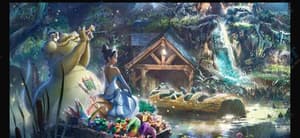 Animated scene of a woman in blue dress in a magical swamp setting with a glowing cottage and