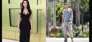 Split-screen comparison of a woman in a black halter dress and a man in a blue tank top and tan