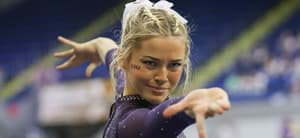 March 8, 2024: LSU's Olivia Dunne competes on the floor during the Purple and Gold Podium Challenge woman's gymnastics quad meet at the Raising Canes River Center in Baton Rouge, LA. Jonathan Mailhes/CSM (Credit Image: © Jonathan Mailhes/Cal Sport Media) Newscom/(Mega Agency TagID: csmphotothree239124.jpg) [Photo via Mega Agency]