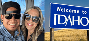 (R) TikTok influencer Coree Ray and her husband. (L) Welcome to Idaho sign