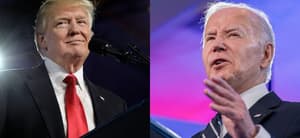 Donald Trump speaking (left) Joe Biden delivers speech (right)