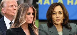 Photo collage of Donald Trump with his wife, Melania Trump, and vice President Kamala Harris