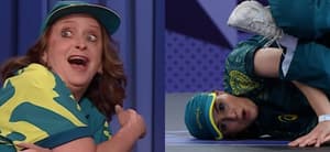 Rachel Dratch as Raygun (left) Raygun at Paris Olympics (right)