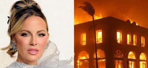 Kate Beckinsale (left) California wildfires burn down building (right)