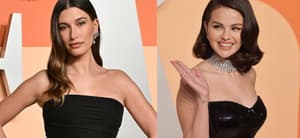 Hailey Bieber, Selena Gomez photo collage of their red carpet appearance at the Vanity Fair Oscars Party