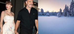 Taylor Swift and Travis Kelce (left) Snowy trees (right)