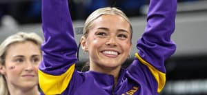 February 28, 2025: LSU's Olivia Dunne competes on the balance beam during the Purple and Gold Podium Challenge woman's gymnastics LSU vs George Washington at the Raising Canes River Center in Baton Rouge, LA. Jonathan Mailhes/CSM. 28 Feb 2025 Pictured: February 28, 2025: LSU's Olivia Dunne is introduced to the audience prior to the Purple and Gold Podium Challenge woman's gymnastics LSU vs George Washington at the Raising Canes River Center in Baton Rouge, LA. Jonathan Mailhes/CSM. Photo credit: ZUMAPRESS.com / MEGA TheMegaAgency.com sales@mega.global (Mega Agency TagID: MEGA1276490_006.jpg) [Photo via Mega Agency]