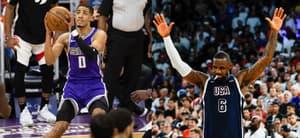 Photo collage of LeBron James and Tyrese Haliburton.