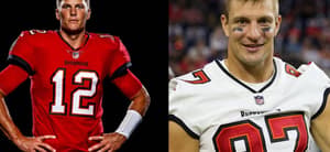 Photo collage of Rob Gronkowski and Tom Brady.