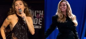 Photo collage of Miley Cyrus and Beyoncé.