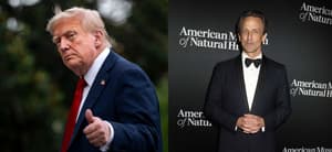 A photo collage of Donald Trump and Seth Meyers