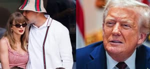 Taylor Swift and Travis Kelce (left) Donald Trump (right)