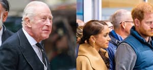 A photo collage of King Charles, PrinceHarry, and Meghan Markle