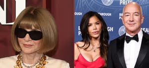 A photo collage of Anna Wintour, Lauren Sanchez, and Jeff Bezos
