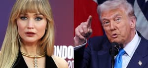 A photo collage of Jennifer Lawrence and Donald Trump